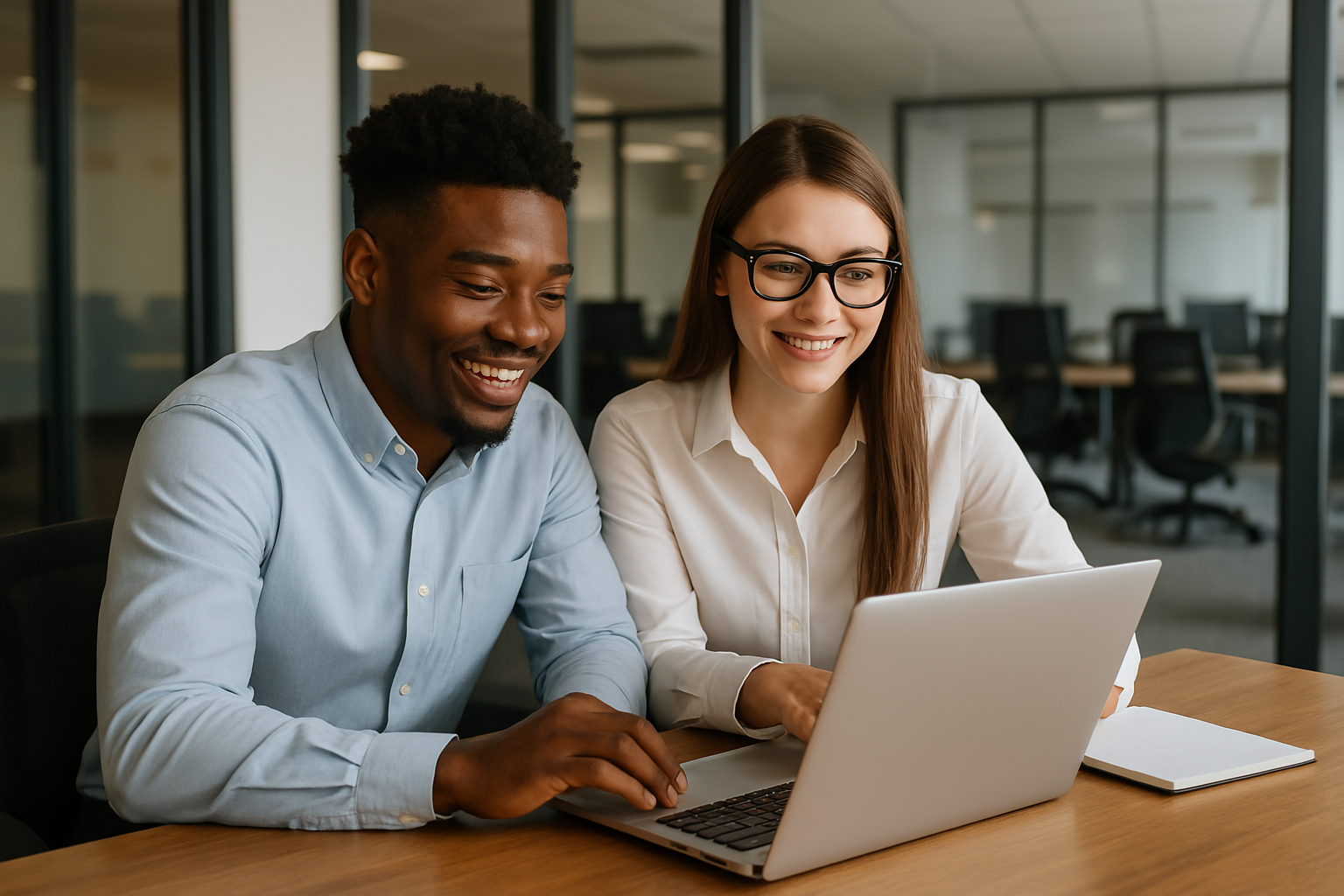 Zwei Recruiter sitzen gemeinsam vor einem Laptop und lächeln, während sie Talente mit dem Premium Recruitment Assistant auswählen.